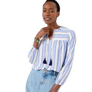 TALBOTS Blue and White 3/4 Sleeve Split Neck Boho Shirt Sz M